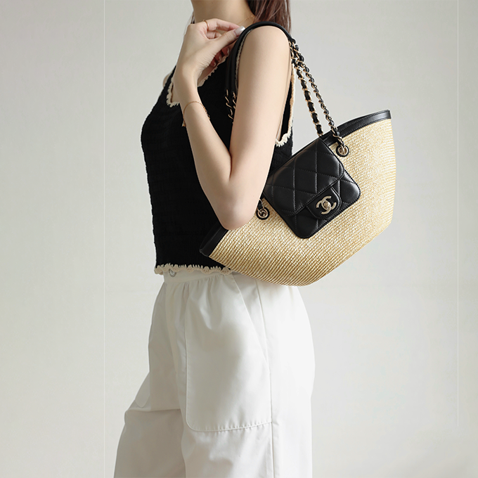 chanel small raffia lambskin cocobeach shopping tote bag